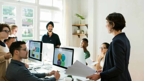 a group of people in an office