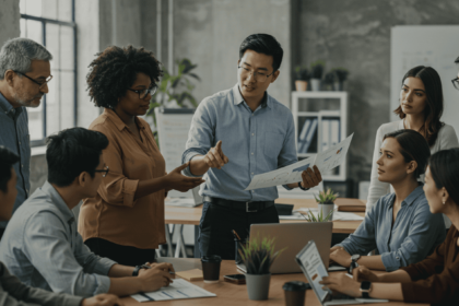 a group of people in a meeting