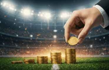 Three Trends in International Football a hand putting a coin on a stack of coins in a soccer field