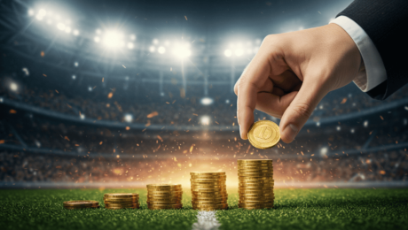 Three Trends in International Football a hand putting a coin on a stack of coins in a soccer field