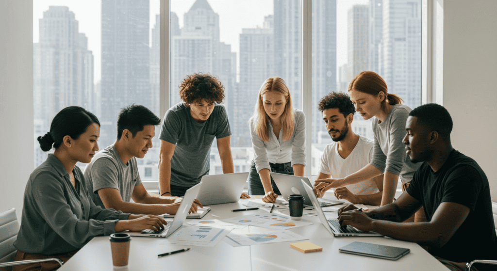 Why Most Startup Ideas Fail (And How Testing Can Save Yours) - startup work environment diverse group of 6 people young meeting analyzing reports worried faces discussing