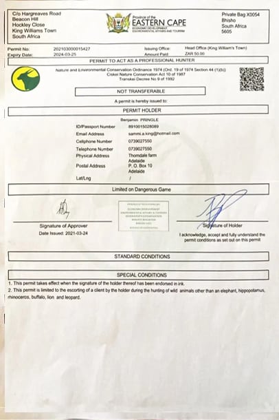 Outfitter and Guide License 4 Benjamin Pringle hunting guide permit.
