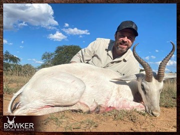 Plains Game Hunting in Africa - Hunt Plains Game with Nick Bowker 59 Client with a White springbok trophy taken while hunting in South Africa.