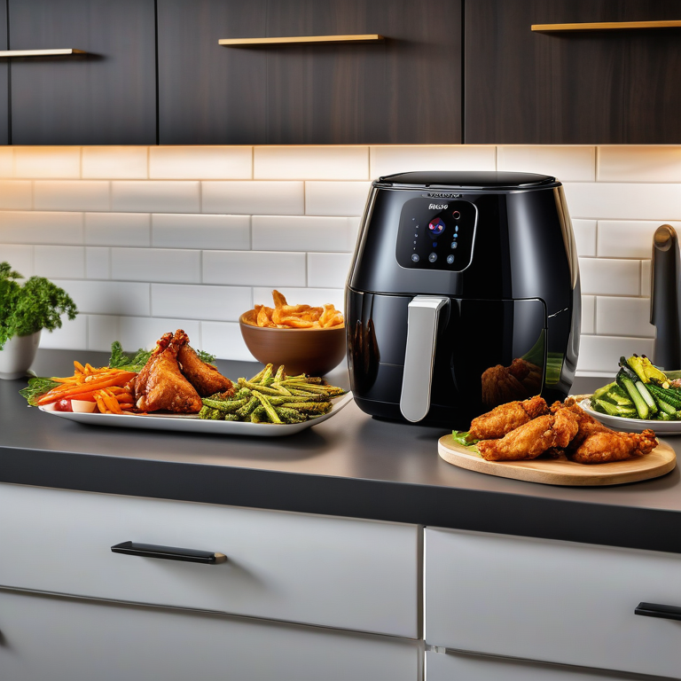 Sleek Gourmia GAF798 Air Fryer on a countertop with cooked vegetables and chicken wings, and a comparison chart in the background.