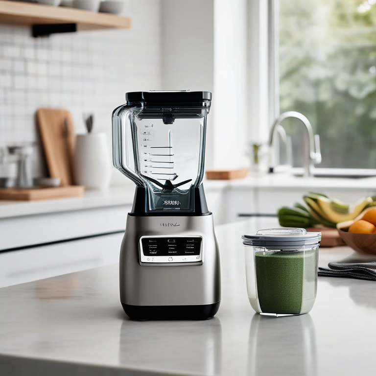 Modern Ninja Blender on a kitchen counter with an open dishwasher in the background, implying dishwasher safety.