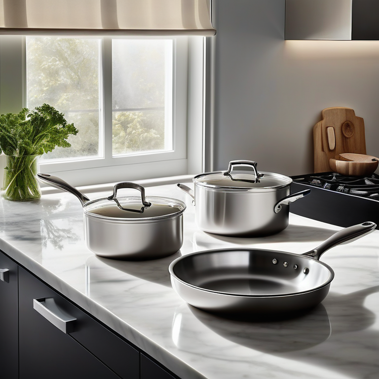 Three Scanpan saute pans on a marble countertop with morning light reflecting off their surfaces.