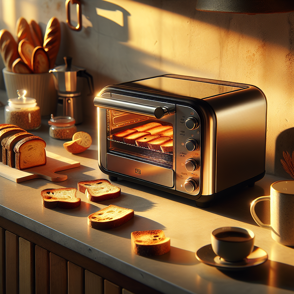 Breville Mini Smart Toaster Oven on a kitchen counter with bread and coffee, highlighting its sleek design and cozy setting.