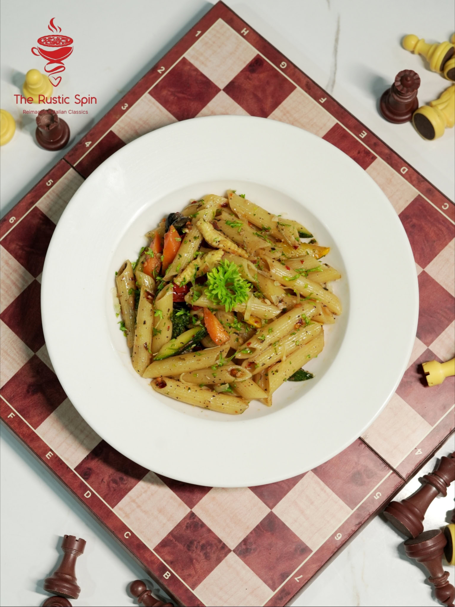 Pasta dish on a chessboard table