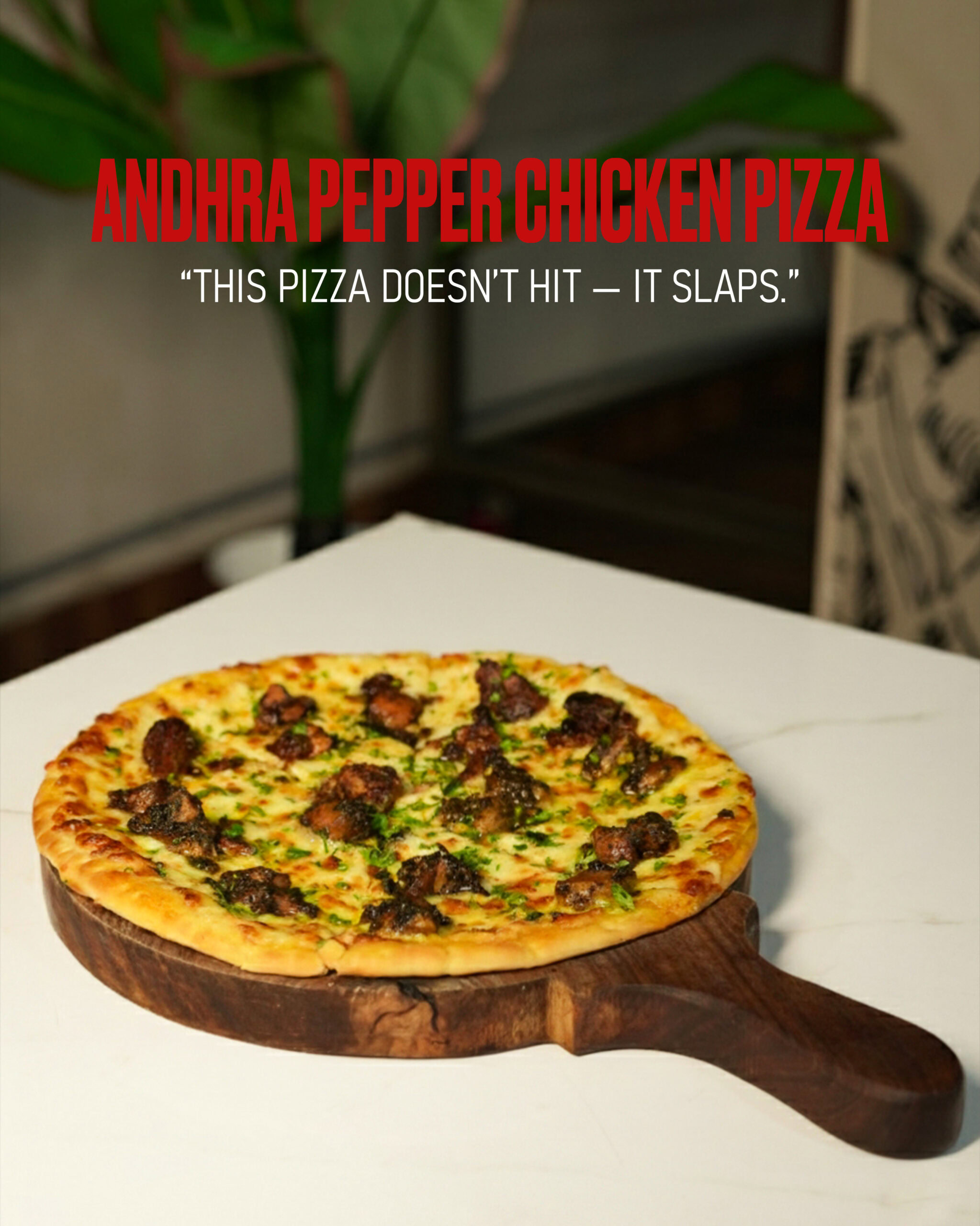 Delicious chicken pizza on wooden board.