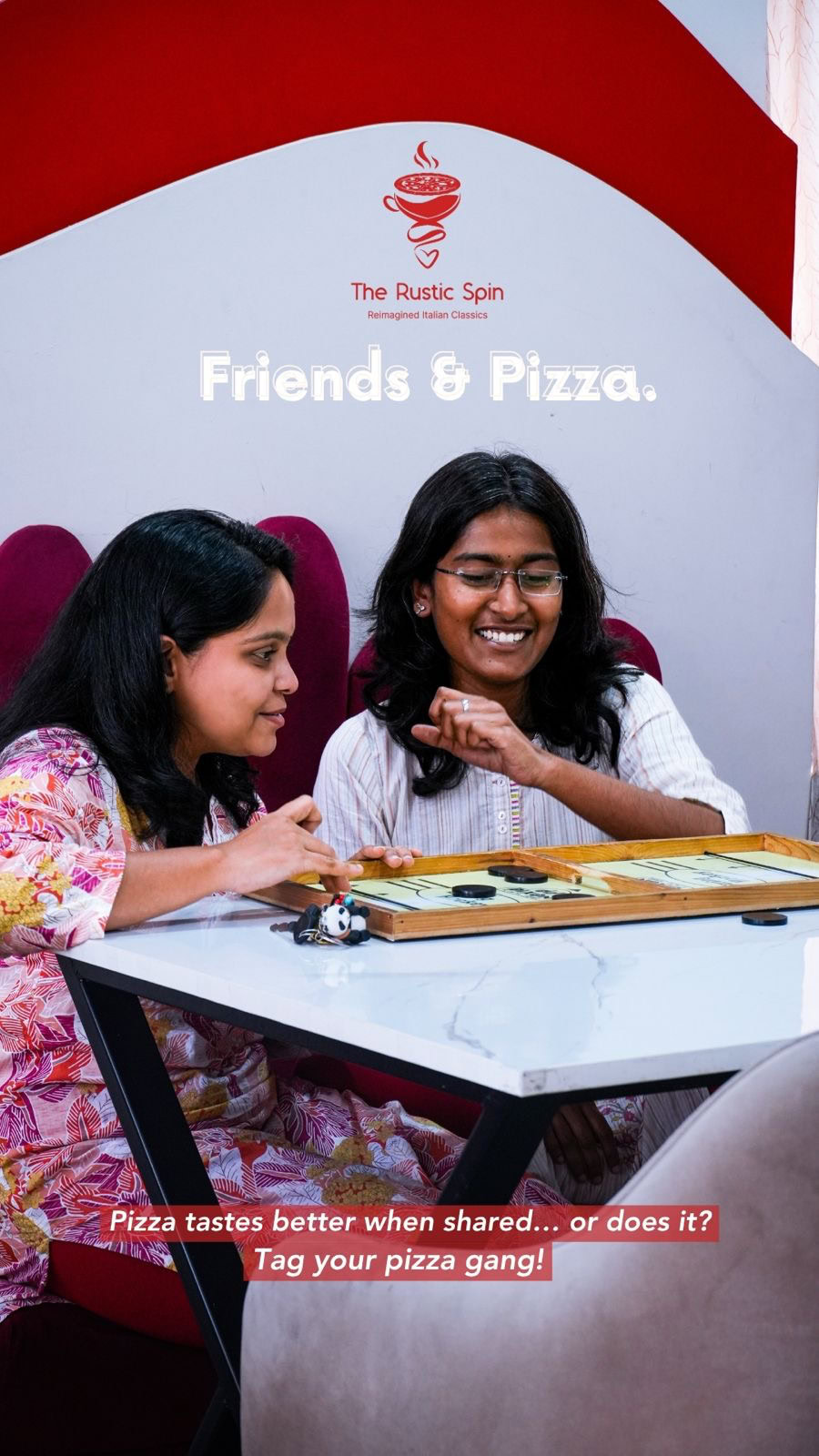 Two friends enjoying pizza together.