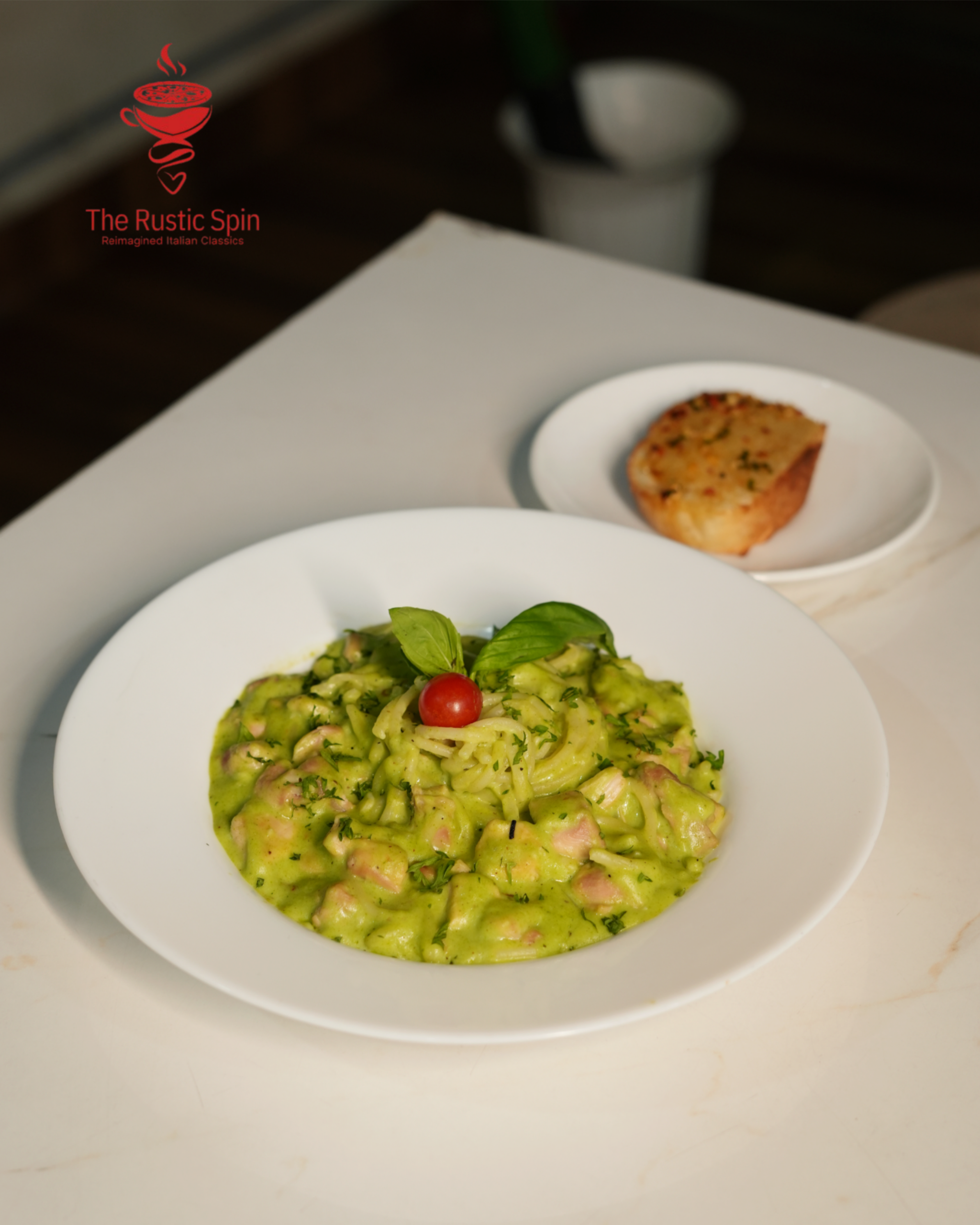 Delicious chicken pizza on wooden board.