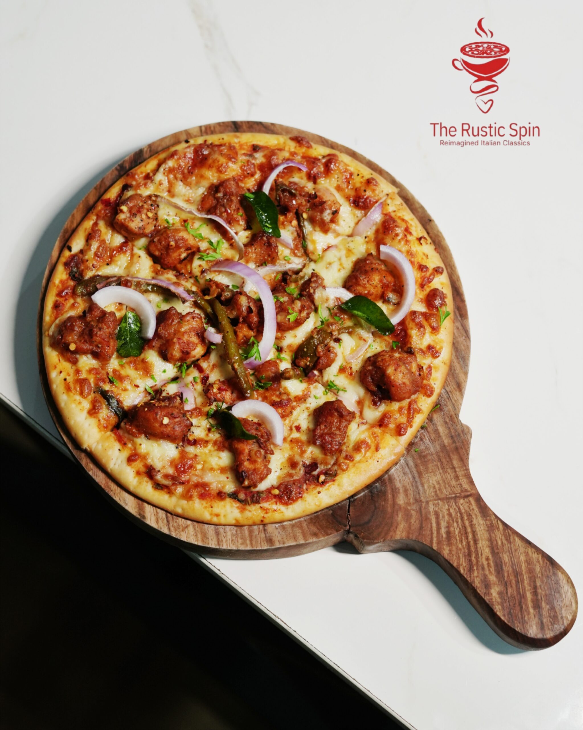 Delicious pizza with toppings on wood board