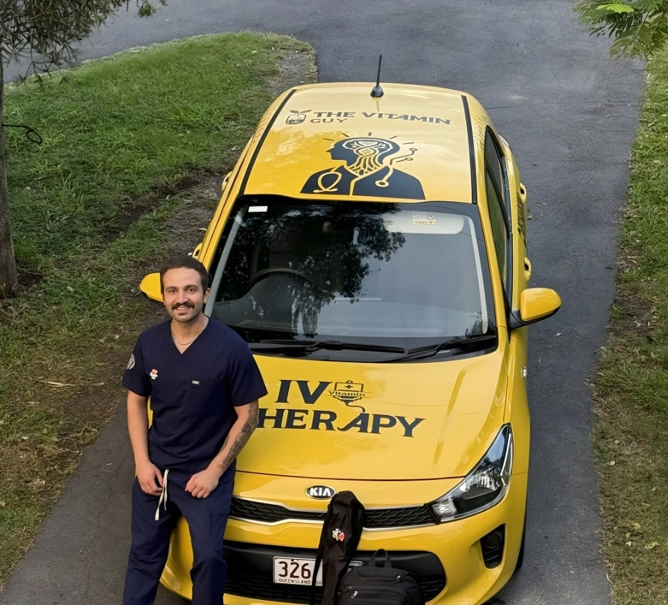 AHPRA-registered nurse delivering mobile IV therapy at a private Byron Bay location — The Vitamin Guy
