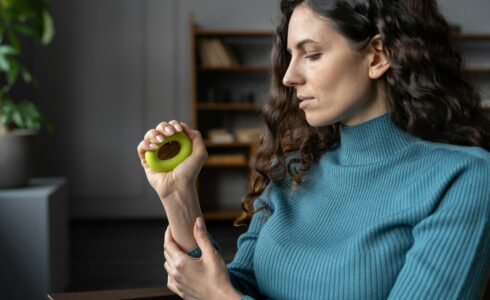 Female office worker exercising for Functional Medicine with hand grip at workplace for strengthening wrist and forearm in Meridian, ID