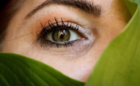 Close-up of a person's eye with green leaves partially covering their face, symbolizing the connection to naturopathic medicine. The open eye reveals detailed eyelashes and eyebrows, emphasizing the importance of natural eye health.