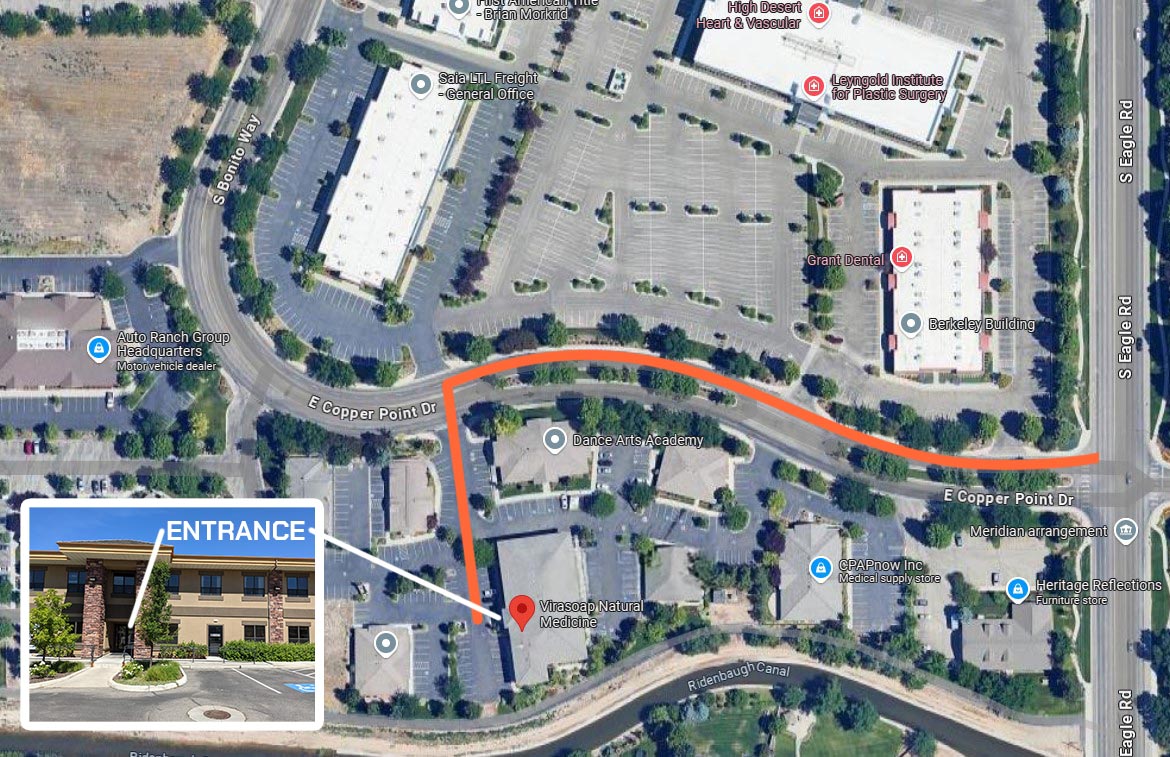 vnm-map Aerial view of a commercial area highlighting the clinic's location, with a marked route leading to "Virasoap Natural Medicine" from an entrance on E Copper Point Dr.