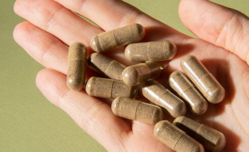 Natural herbal tablets in capsules in a hand on a light green background.