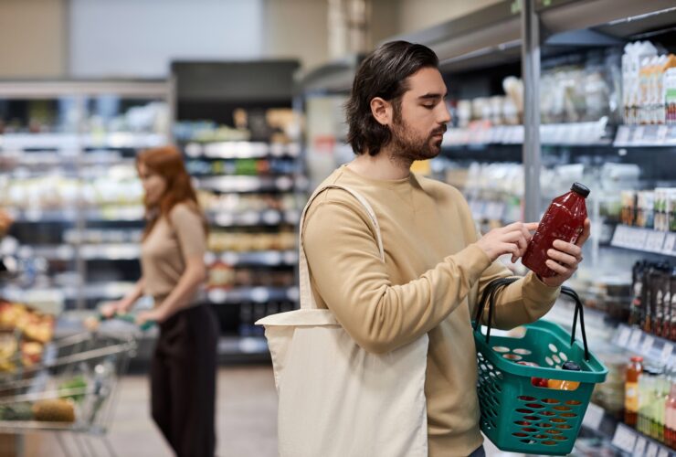 Bearded young man shopping in supermarket and reading ingredients label