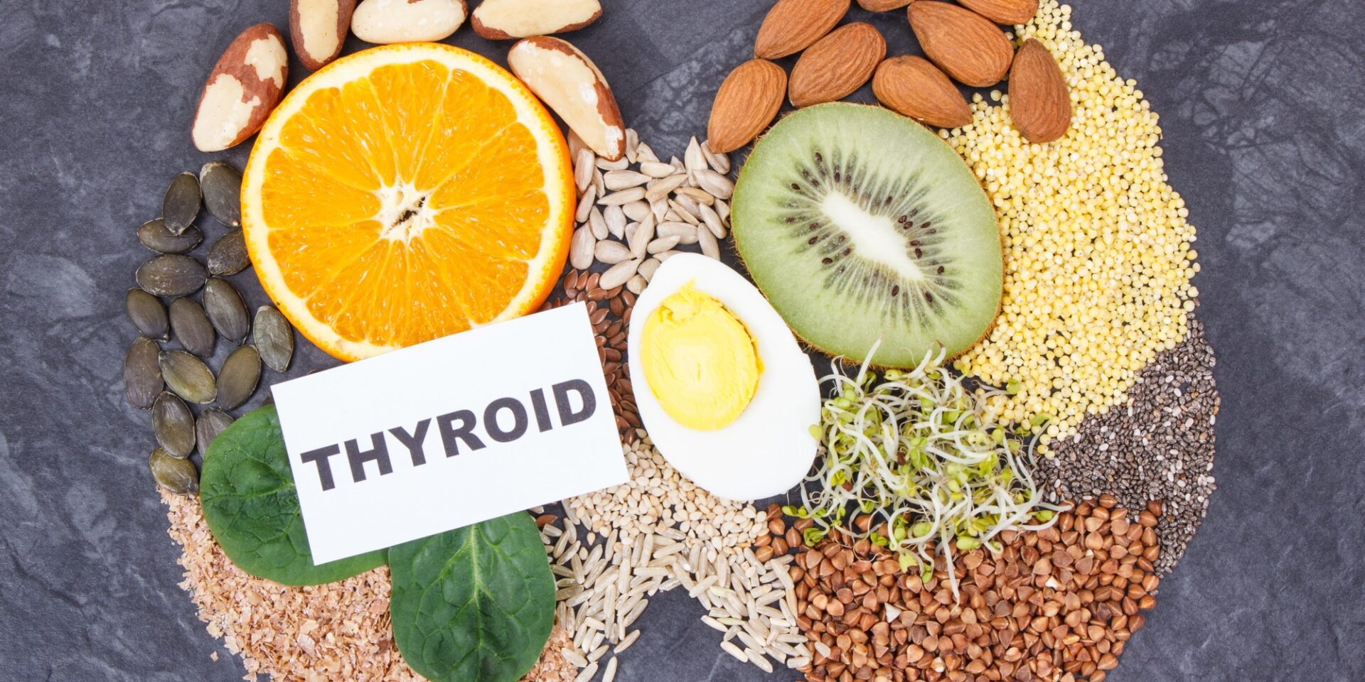 Nutritious ingredients in shape of thyroid. Healthy food containing vitamins.