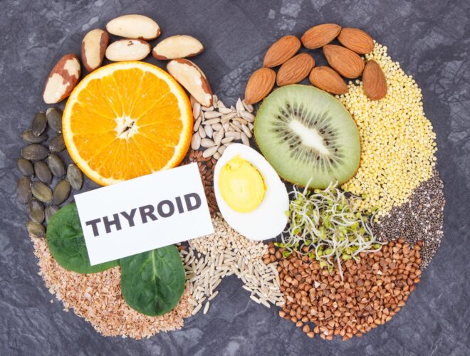 Nutritious ingredients in shape of thyroid. Healthy food containing vitamins.
