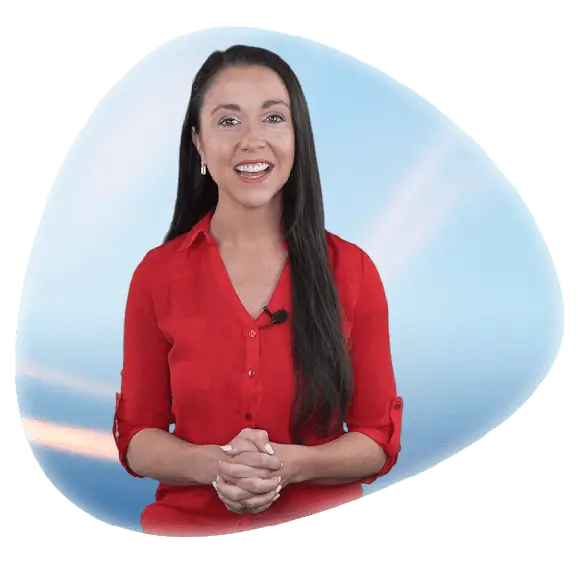 Professional woman with a friendly demeanor against a digital backdrop