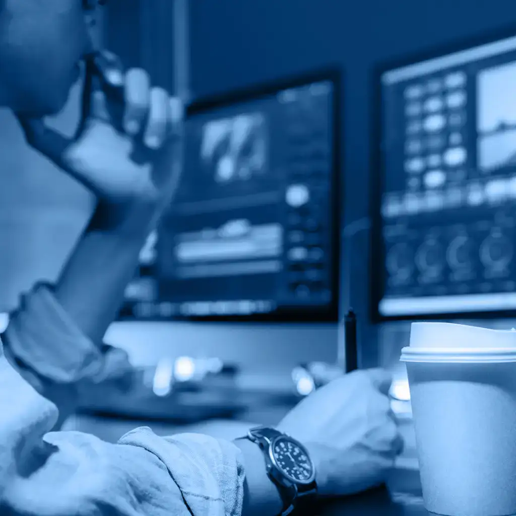 Professional analyzing data on multiple computer screens with intense focus, in a dimly lit control room.