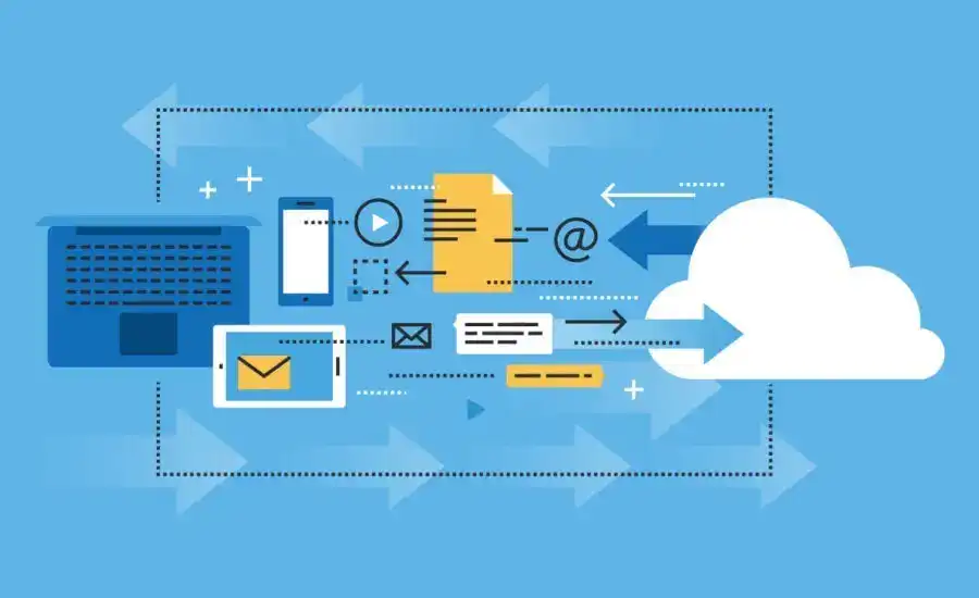 Illustration of cloud computing services with various IT icons such as a tablet, email, and server, against a blue background, representing digital storage and information technology concepts.