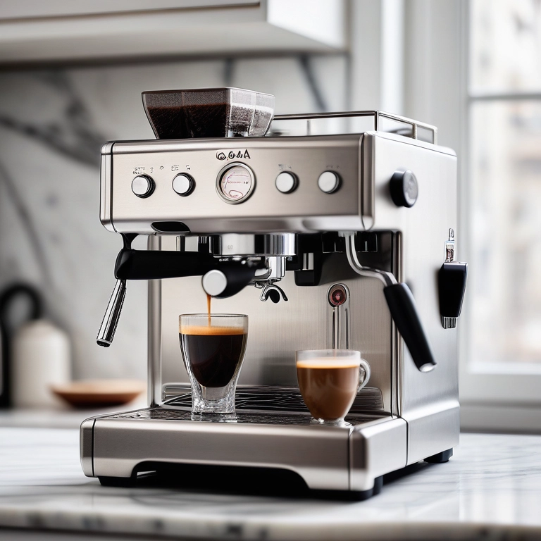 Gaggia Classic Pro Espresso Machine Review 2023 on marble countertop with morning light accentuating its stainless steel finish and a steaming espresso cup.
