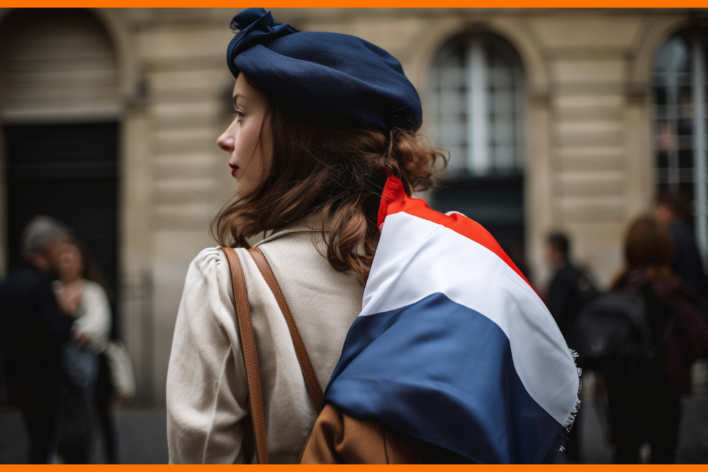 Une femme francaise avec un drapeau francais en France