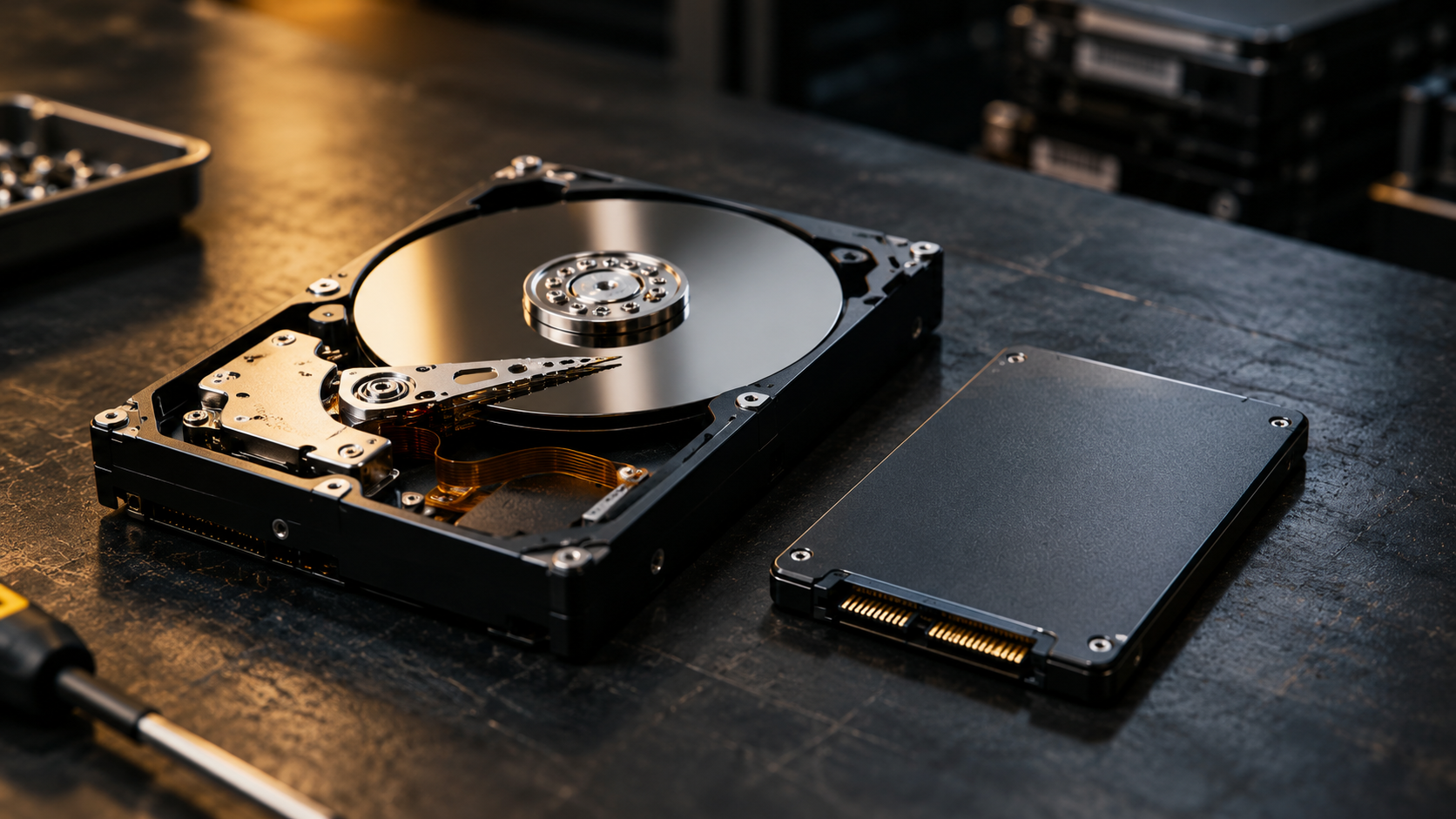 Traditional hard disk drive (HDD) and solid-state drive (SSD) on a dark workbench, illustrating secure data wiping and physical destruction.