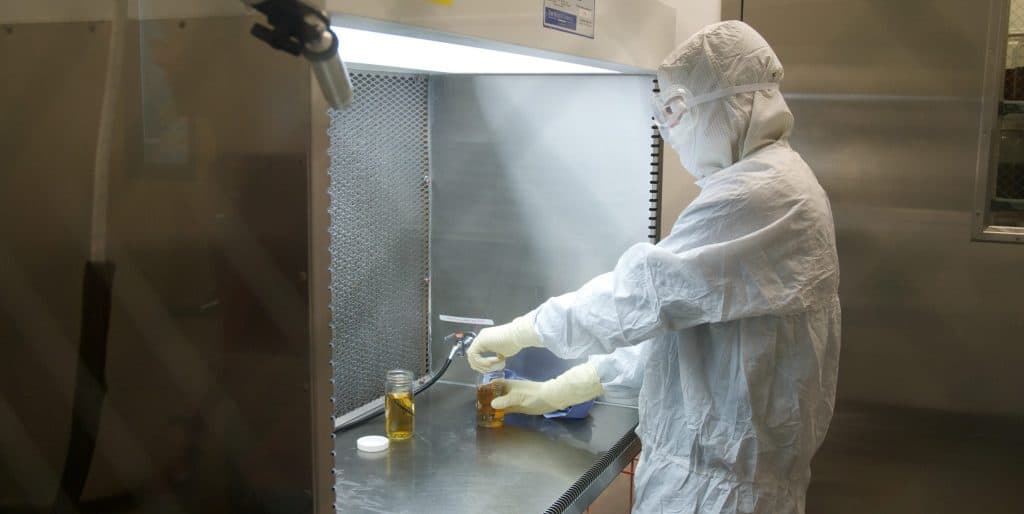 Cleanroom test being performed at Nelson Labs for product sterility