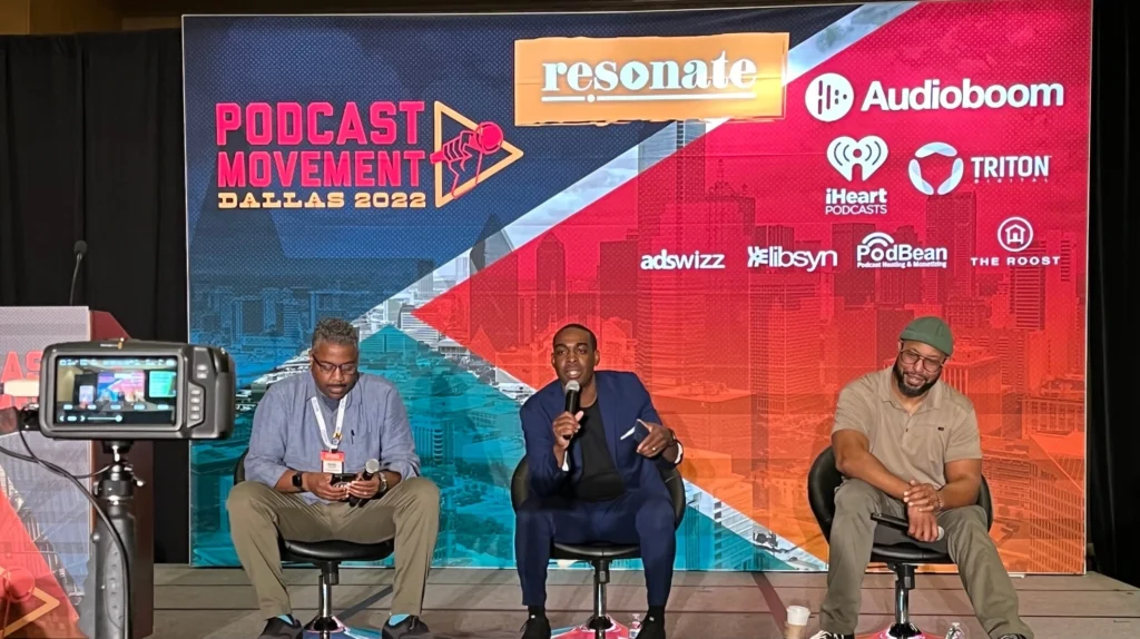 From left to right, Randy Wilburn (Encourage Build Grow), Donald C. Kellly (The Sales Evangelist), and Shannon Cason lead a panel discussion on "Owning Your Message and Telling the World Through Podcasting" at Podcast Movement 2022.