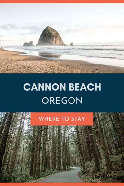 Top image of Haystack Rock on the shore, bottom image of tall trees in the Ecola State Park.