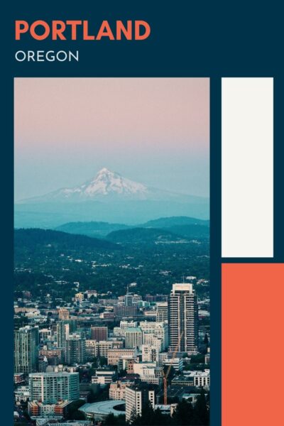 Portland Downtown buildings with mountain in the distance.