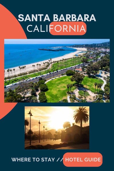 Santa Barbara coastline with palm trees and image at sunset.