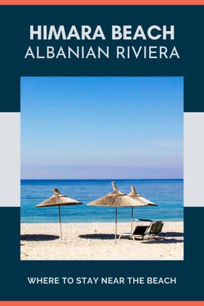 Handmade grass beach umbrellas on the sandy beach in Himara.