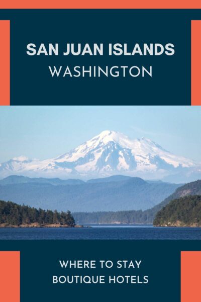 Snow capped mountain peak and the San Juan Islands.