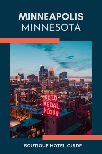 Minneapolis skyline from above with Gold Medal Flour neon sign in centre.