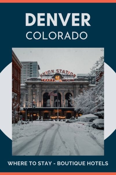 Union Station in Denver and snow covered street.