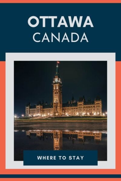 Canadian Parliament at night with reflection in a puddle.