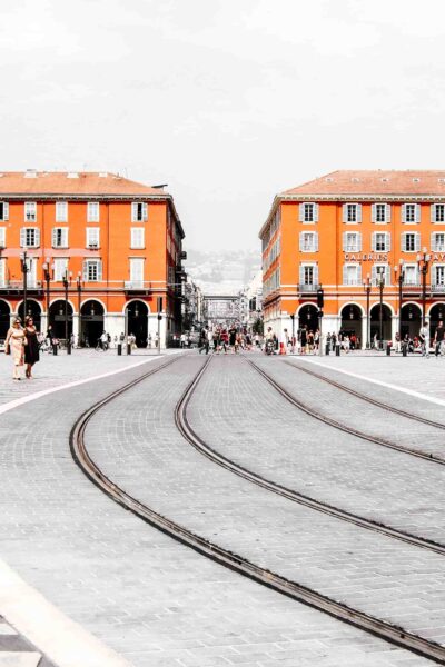 Tram tracks running through the centre of Nice, France.