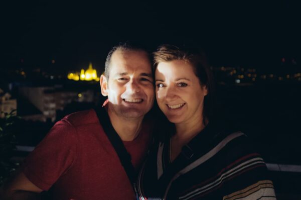 Beni and Andy on a rooftop bar in Budapest.