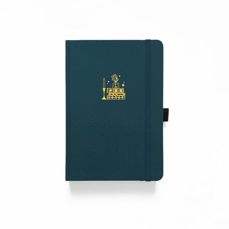 blue vegan leather notebook, cover page has stack of books embossed in gold