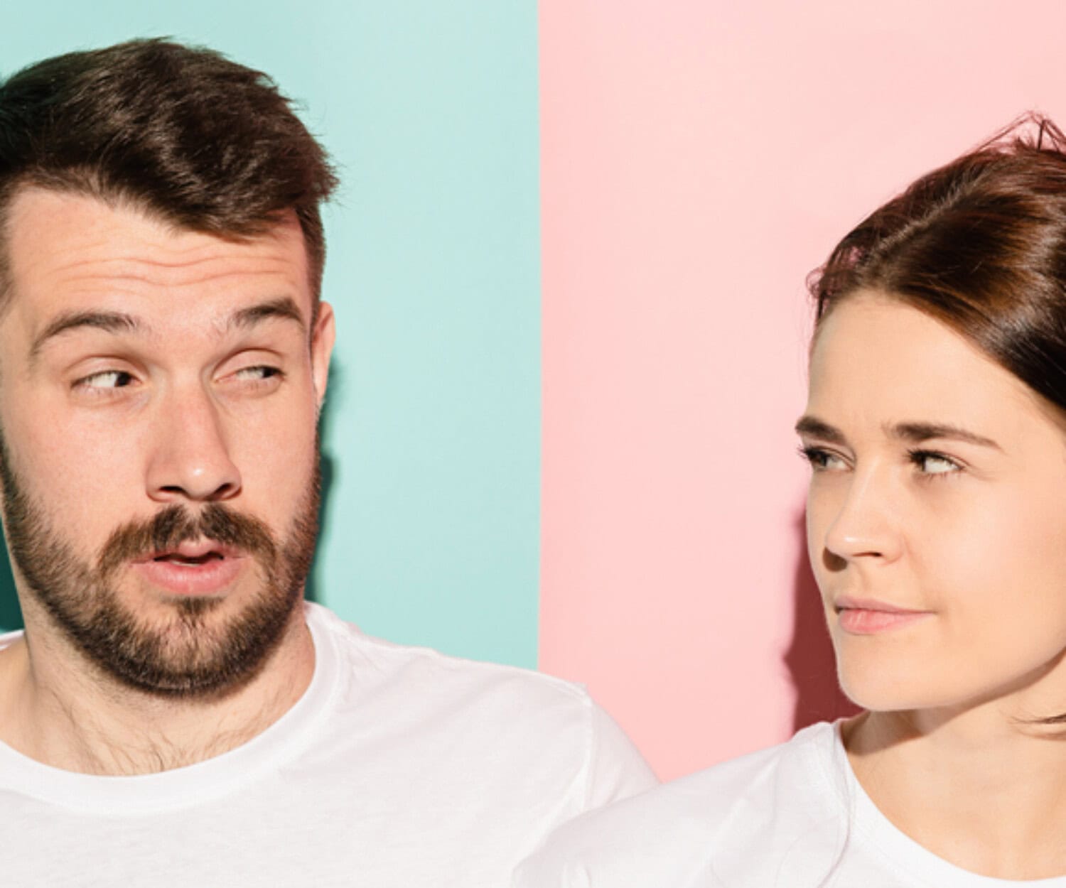 suspicious young woman looking a man talking