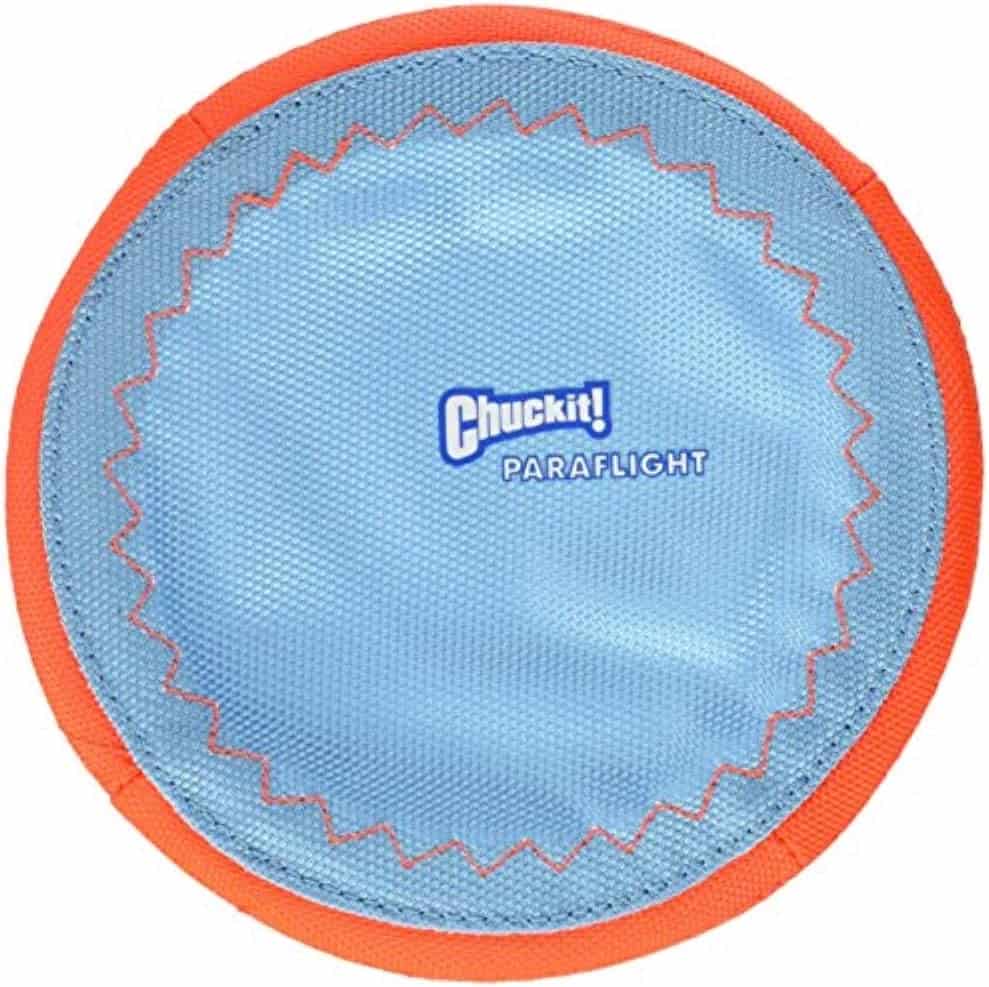 close up of blue and orange chuck it soft frisbee