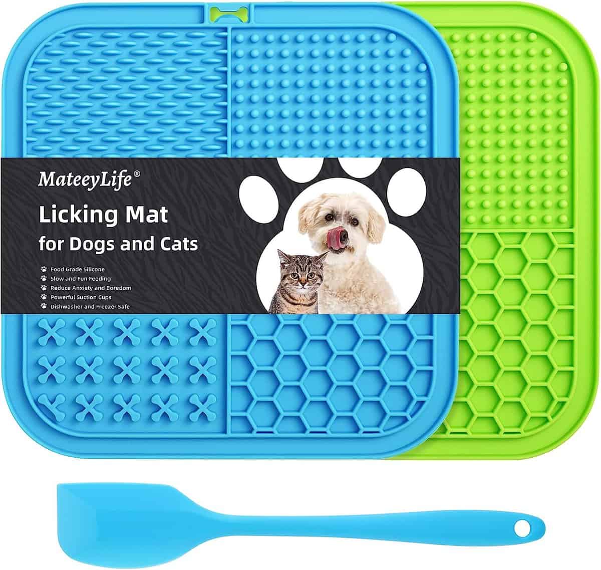 close up of blue and green lick mats