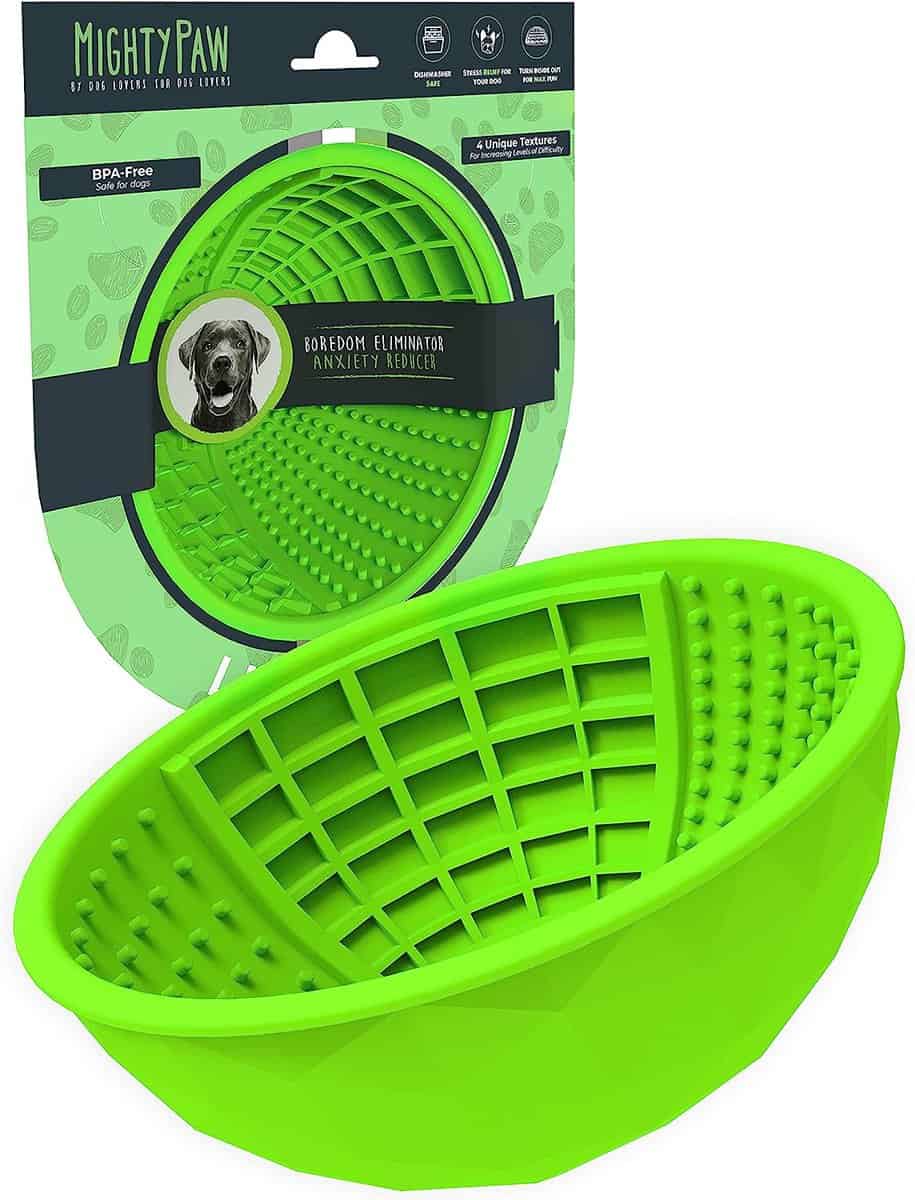 close up of neon green lick bowl for dogs