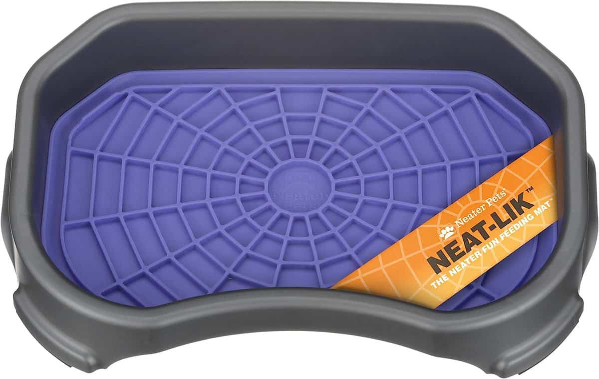 close up of purple lick mat sitting in a bowl