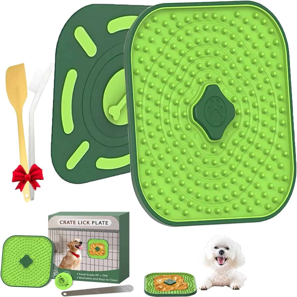close up of green lick mat set with spatula