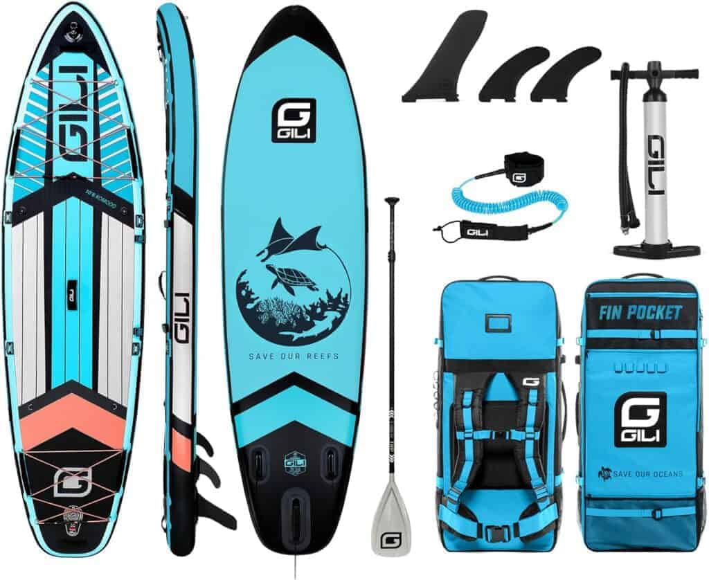 blue gili komodo complete bundle with backpack, fins, paddle, leash